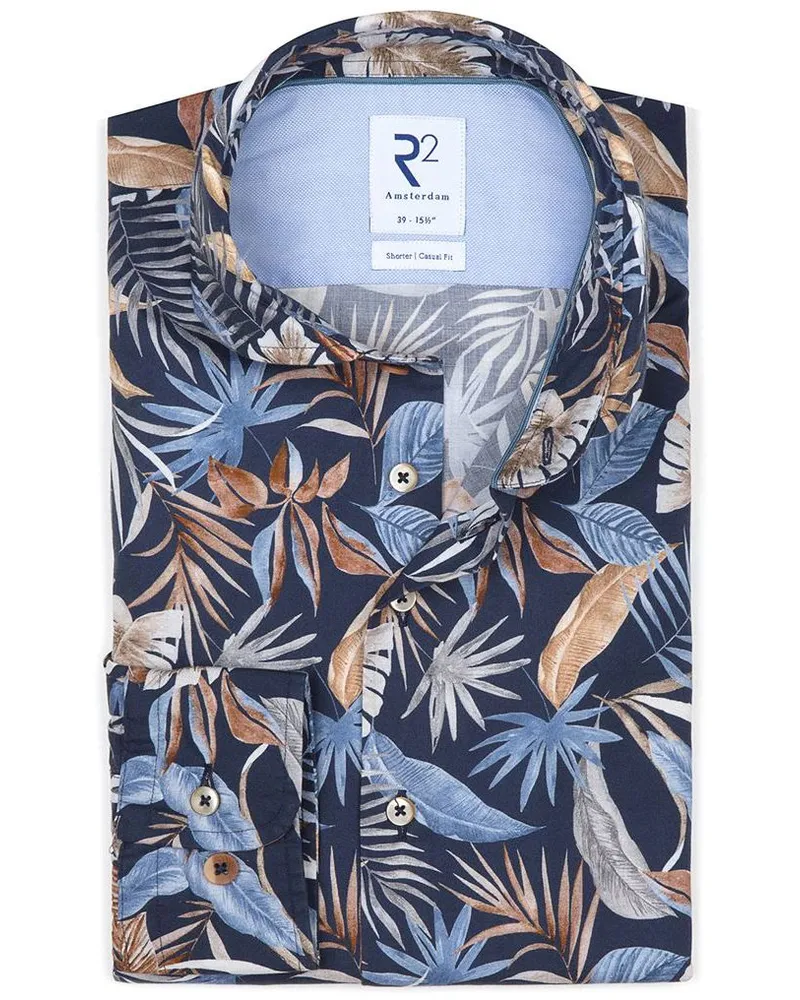 R2 Amsterdam R2 Hemd mit Blätterdruck Dunkelblau