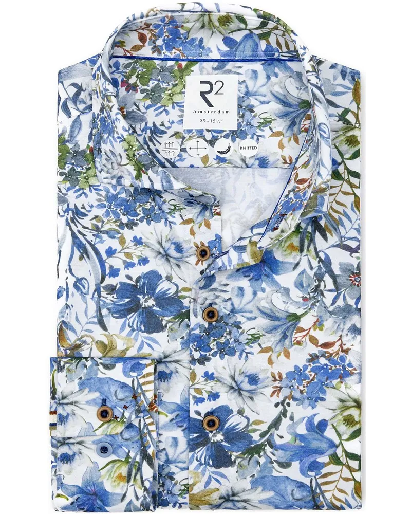 R2 Amsterdam R2 Hemd Leinen Blend Blumenmuster Blau Blau