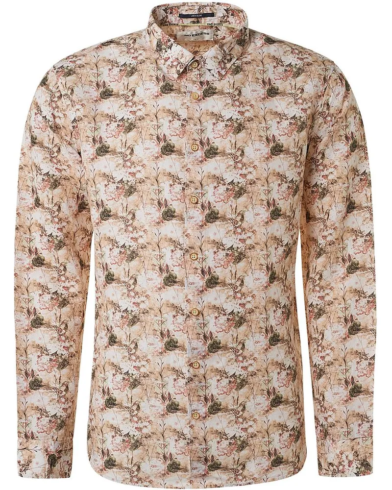 No Excess Leinen Hemd Blumenmuster Mehrfarben Beige