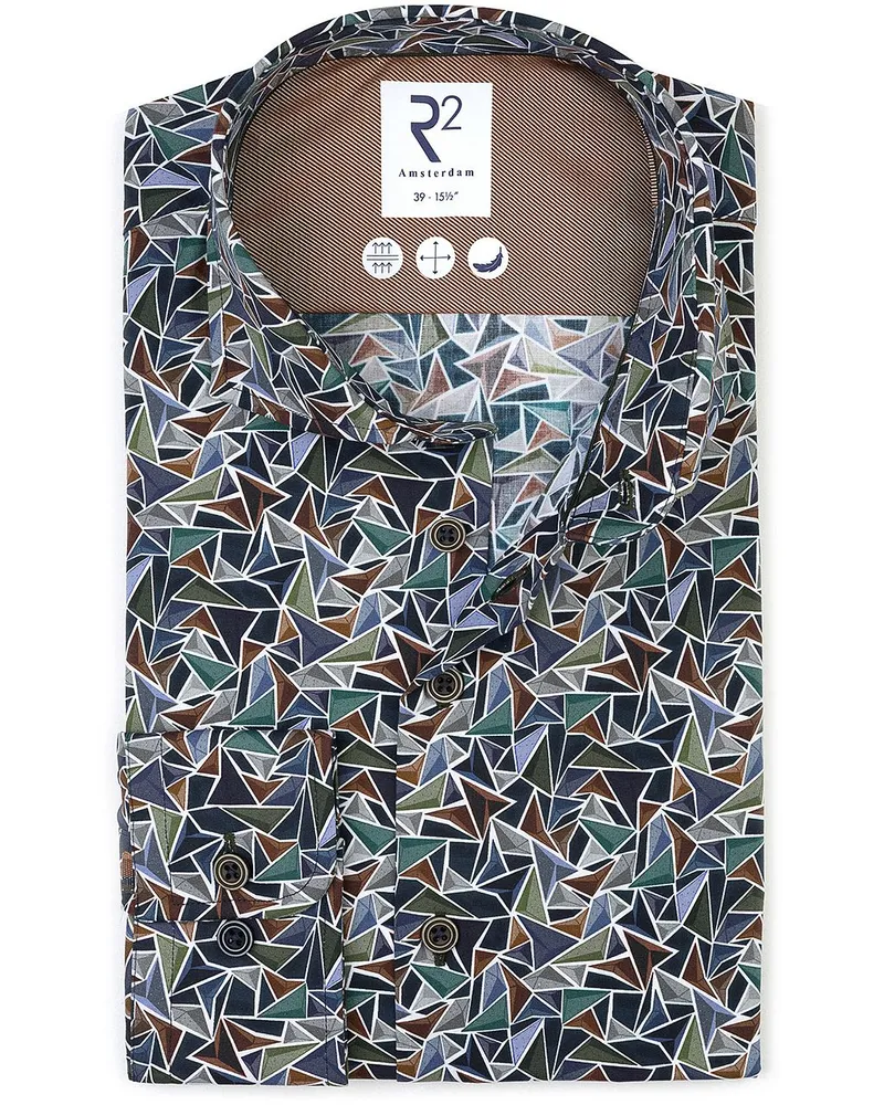 R2 Amsterdam R2 Hemd Poplin Triangle Impression Grün Dunkelgrün