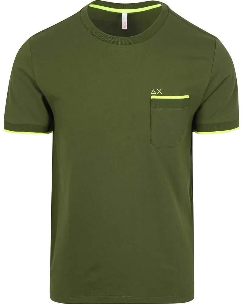 Sun68 Piqué T-Shirt Fluo Stripe Army Grün Dunkelgrün