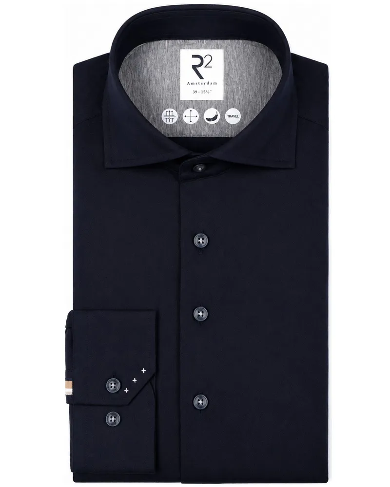 R2 Amsterdam R2 Strickhemd Herringbone Navy Dunkelblau