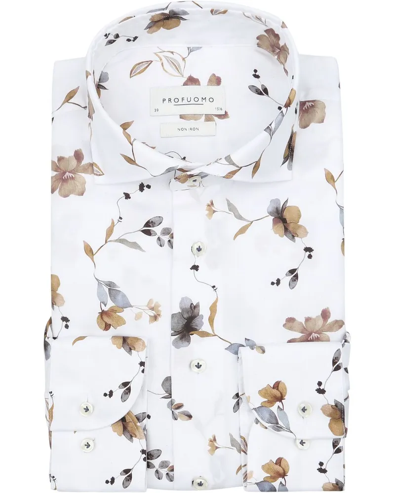 Profuomo Twill Hemd Flower Weiß Beige