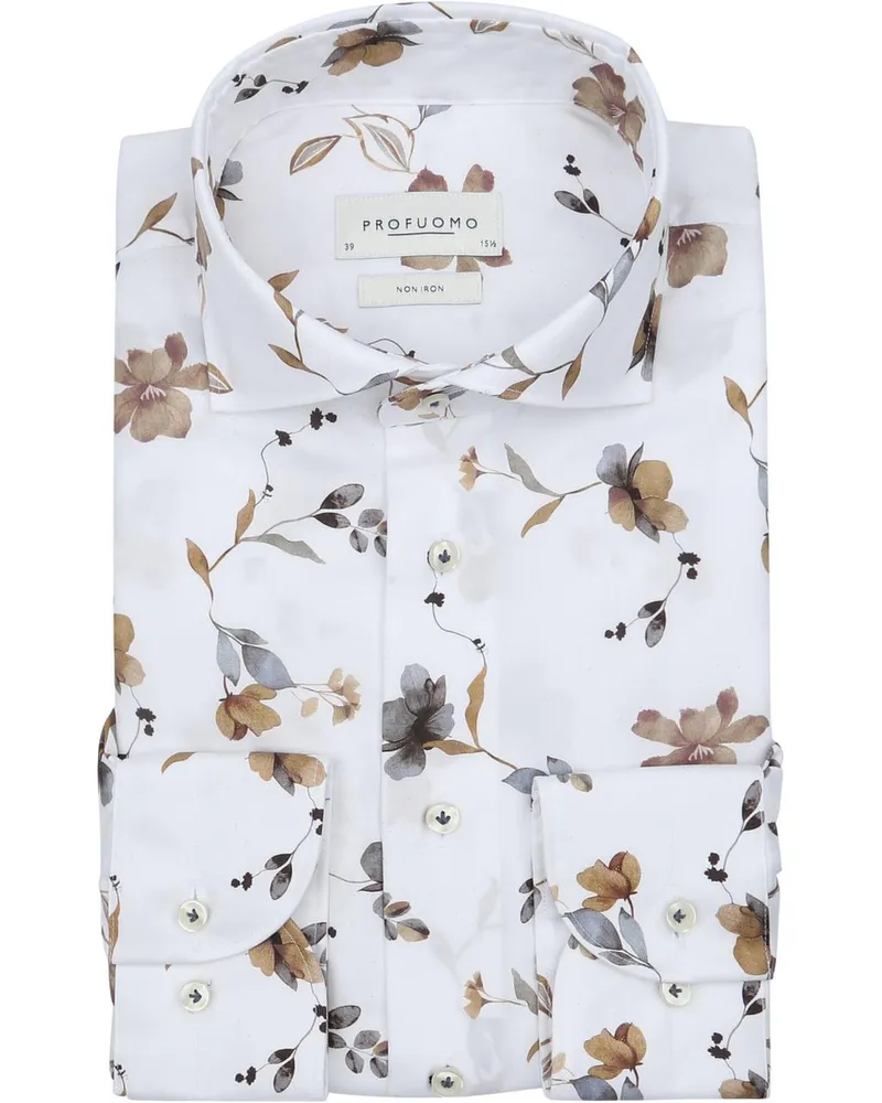Profuomo Twill Hemd Flower Weiß Beige