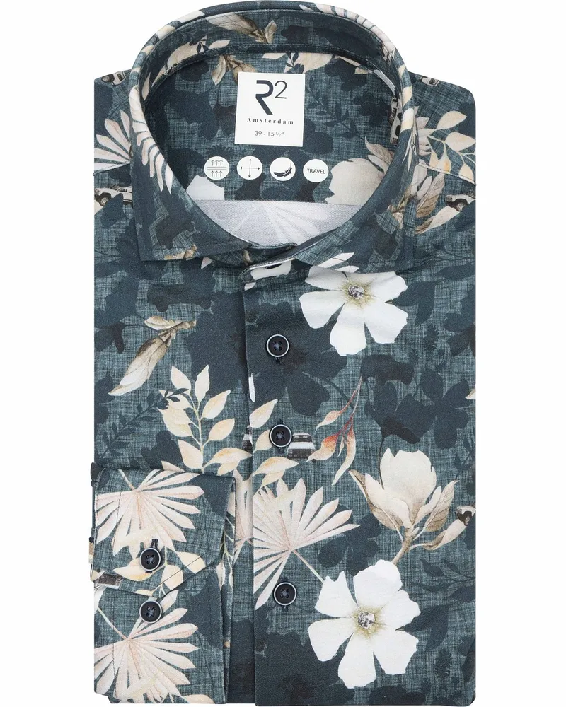 R2 Amsterdam Hemd Blumenprint Navy Dunkelblau