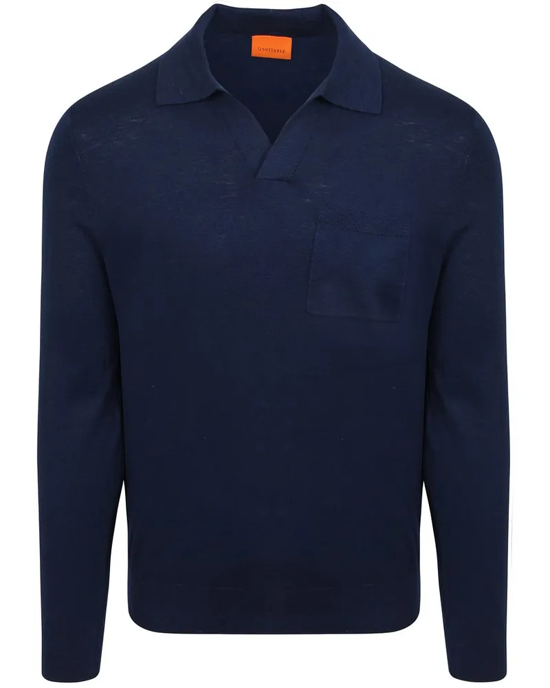 Suitable Longsleeve Knitted Poloshirt Riva Pocket Marine Dunkelblau