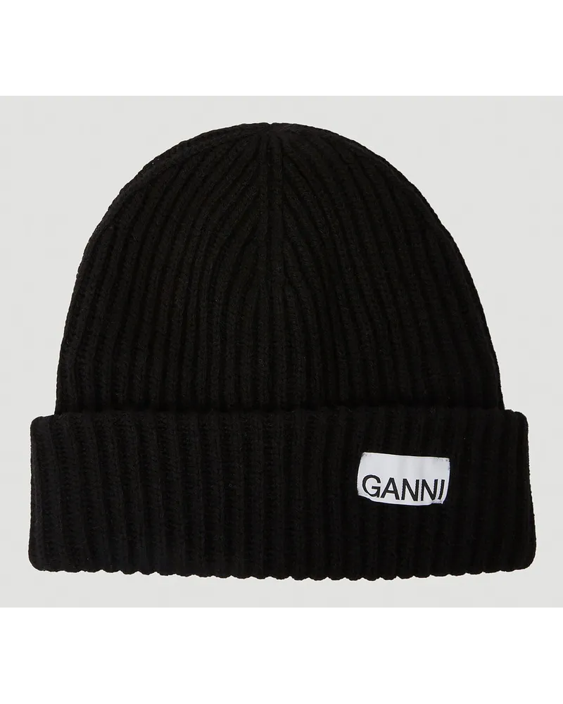 Ganni Logo Patch Ribbed Beanie Hat Black