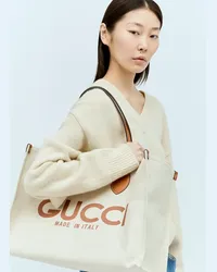 Gucci Large Logo Print Canvas Tote Bag Beige