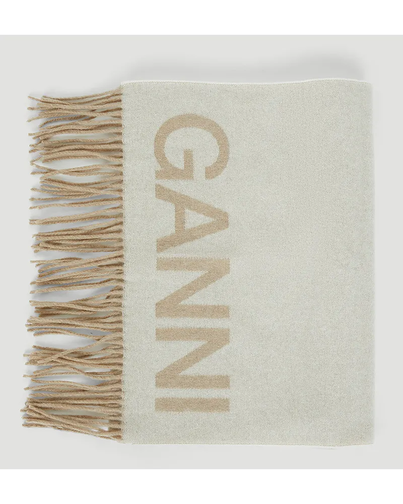 Ganni Fringed Wool Scarf Beige