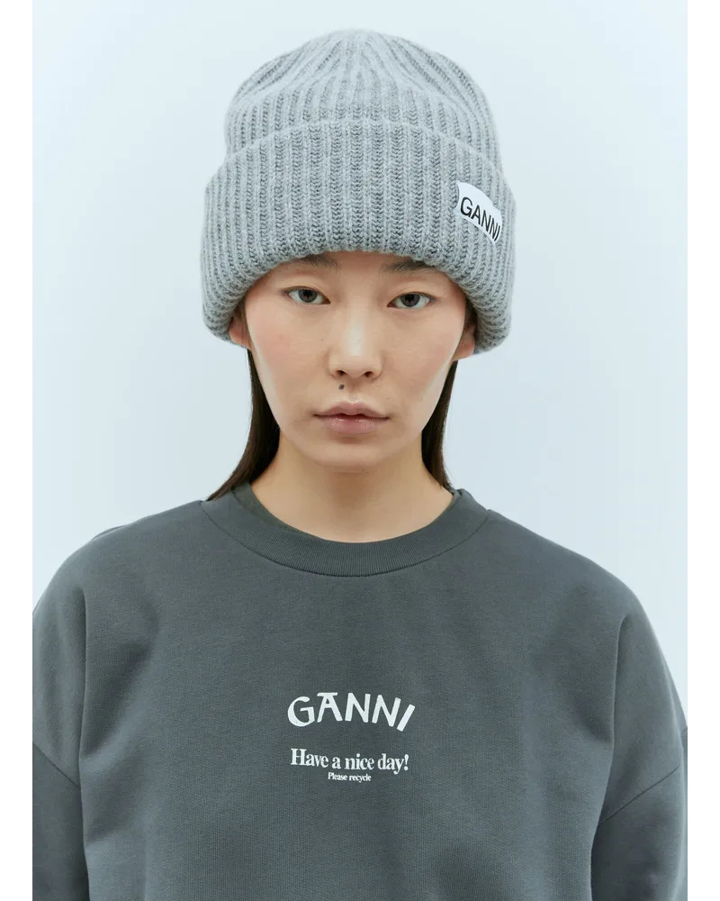 Ganni Logo Patch Beanie Hat Grey