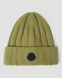 Moncler Logo Patch Wool Beanie Hat Green