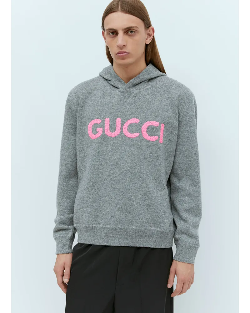 Gucci Logo Embroidery Wool Hooded Sweatshirt Grey