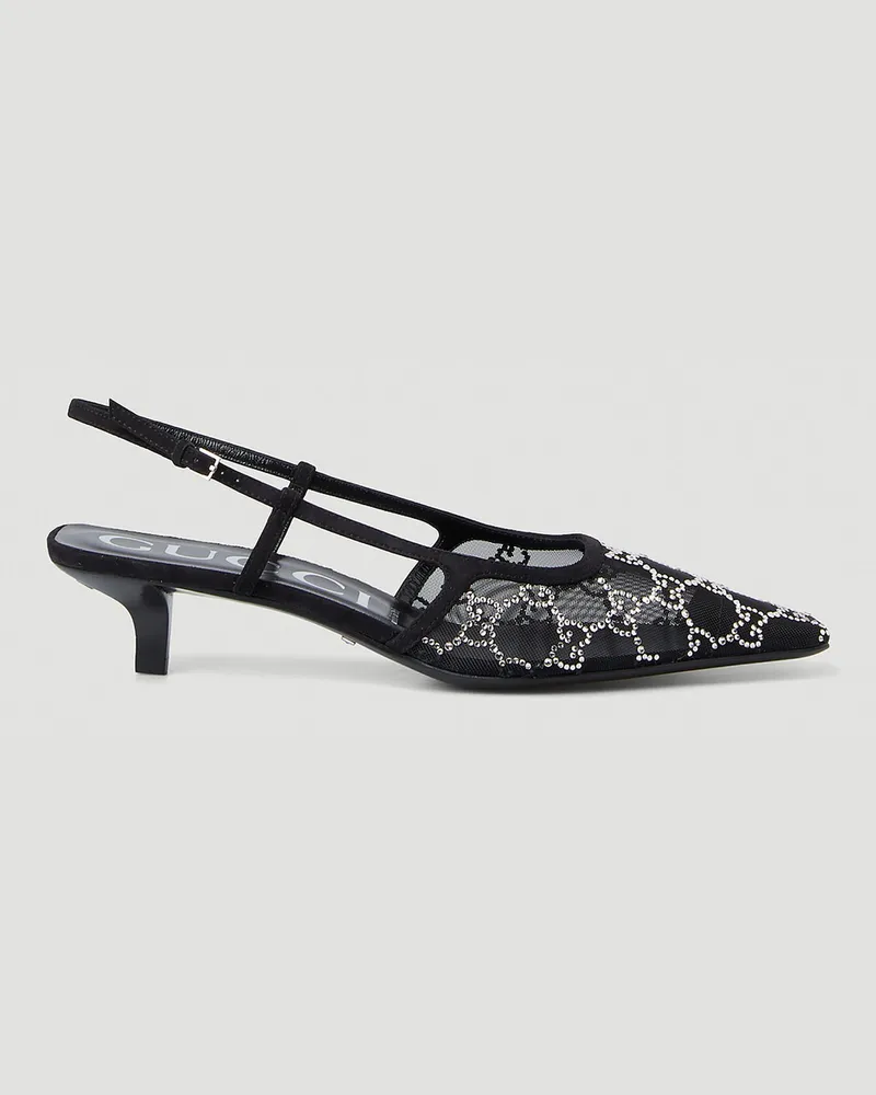 Gucci Crystal Gg Slingback Kitten Heels Black