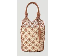 Leather Mesh And Straw Bucket Bag