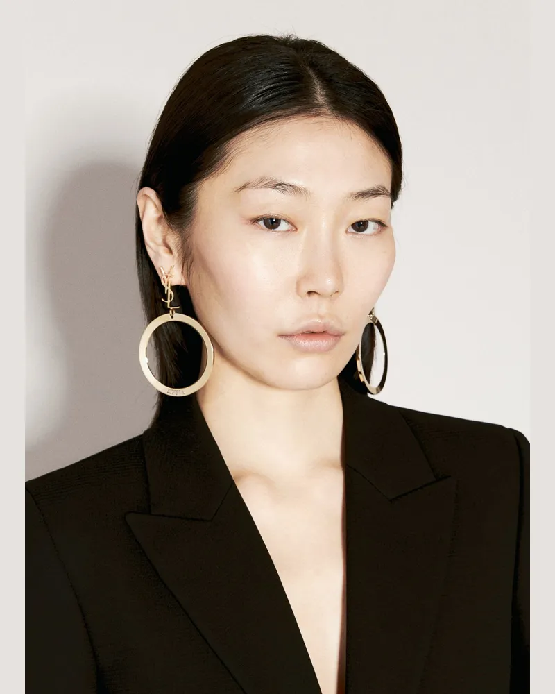 Saint Laurent Cassandre Pendant Hoop Earrings Gold