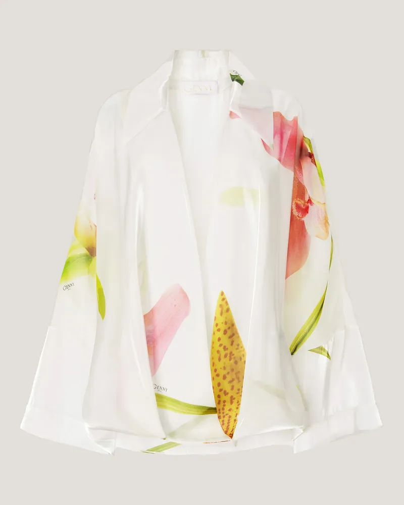 Genny Kimono-Style organza shirt with Orchid print White