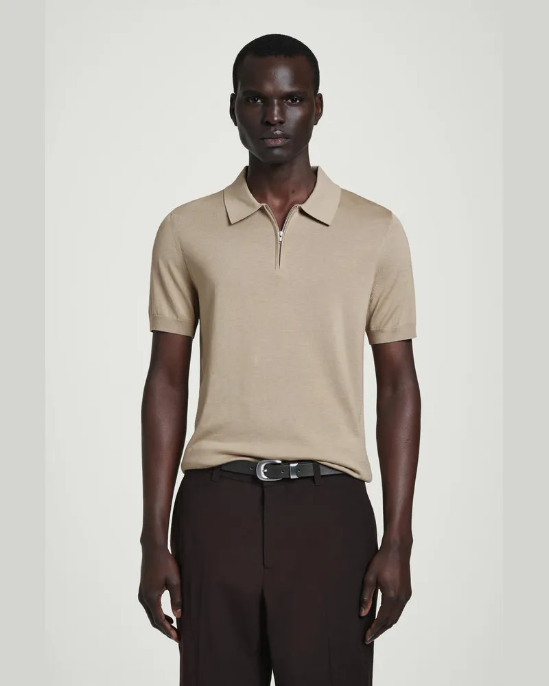 COS Slim Knitted Silk Zipup Polo Shirt Beige
