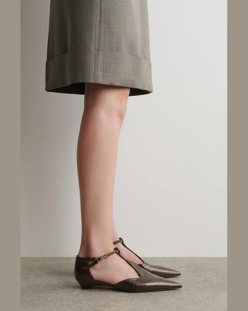 COS Lizard-Effect Leather T-Bar Wedge Heels Braun