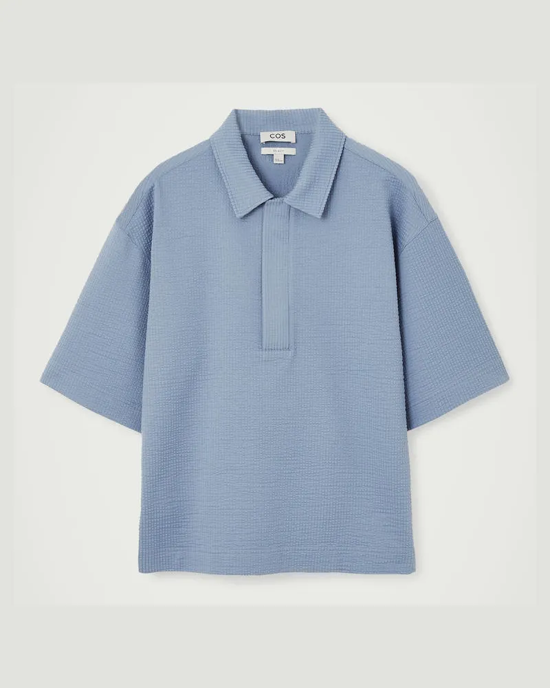 COS Seersucker-Poloshirt Mit Kurzem Reissverschluss Blau