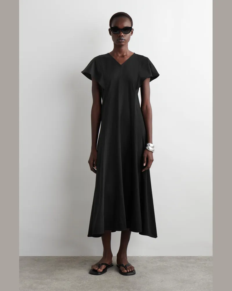 COS Midikleid Aus Baumwolle Mit Blütenärmeln Schwarz