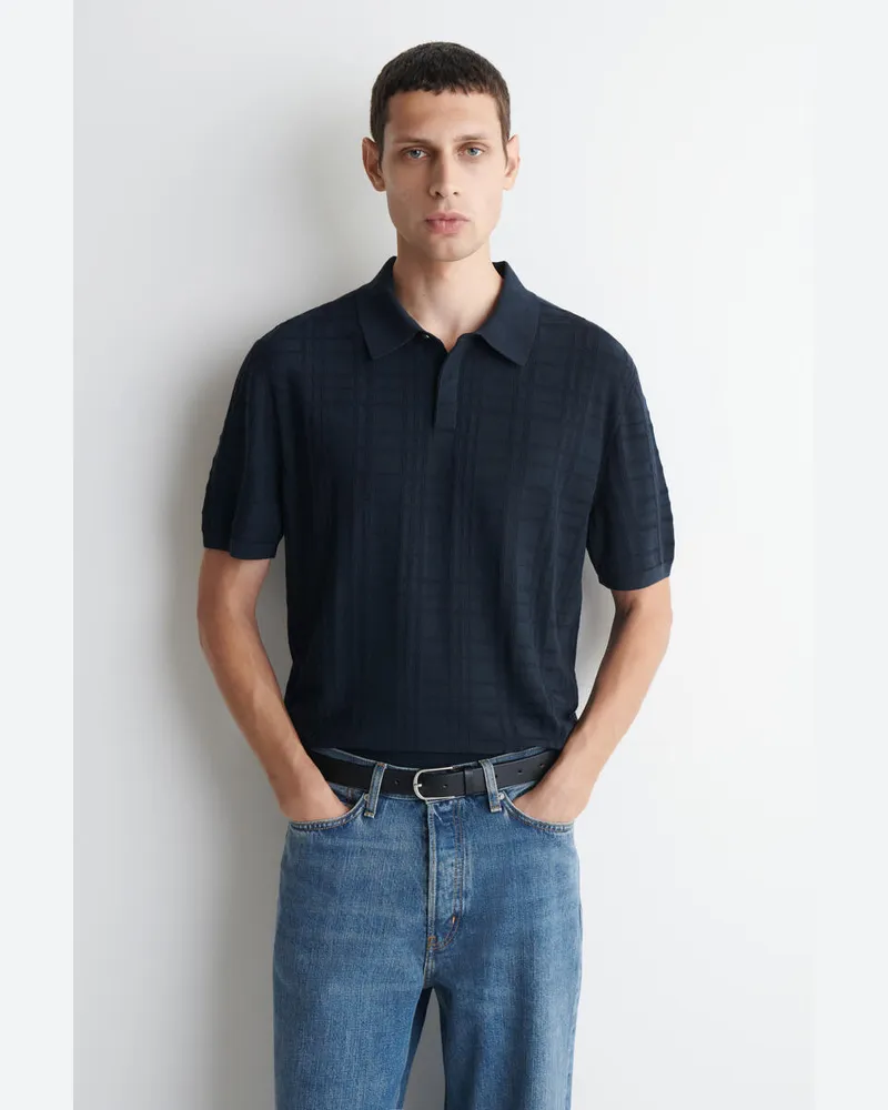 COS Kariertes Poloshirt Aus Jacquard-Strick Blau