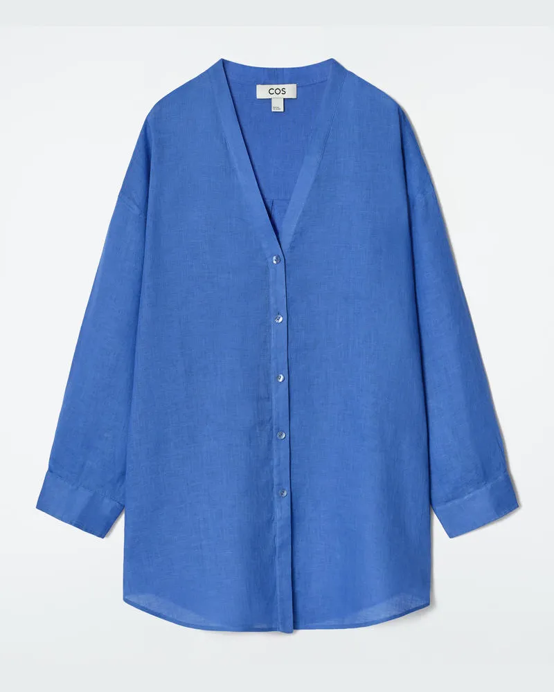 COS Oversized-Hemd Aus Leinen Mit V-Ausschnitt Blau