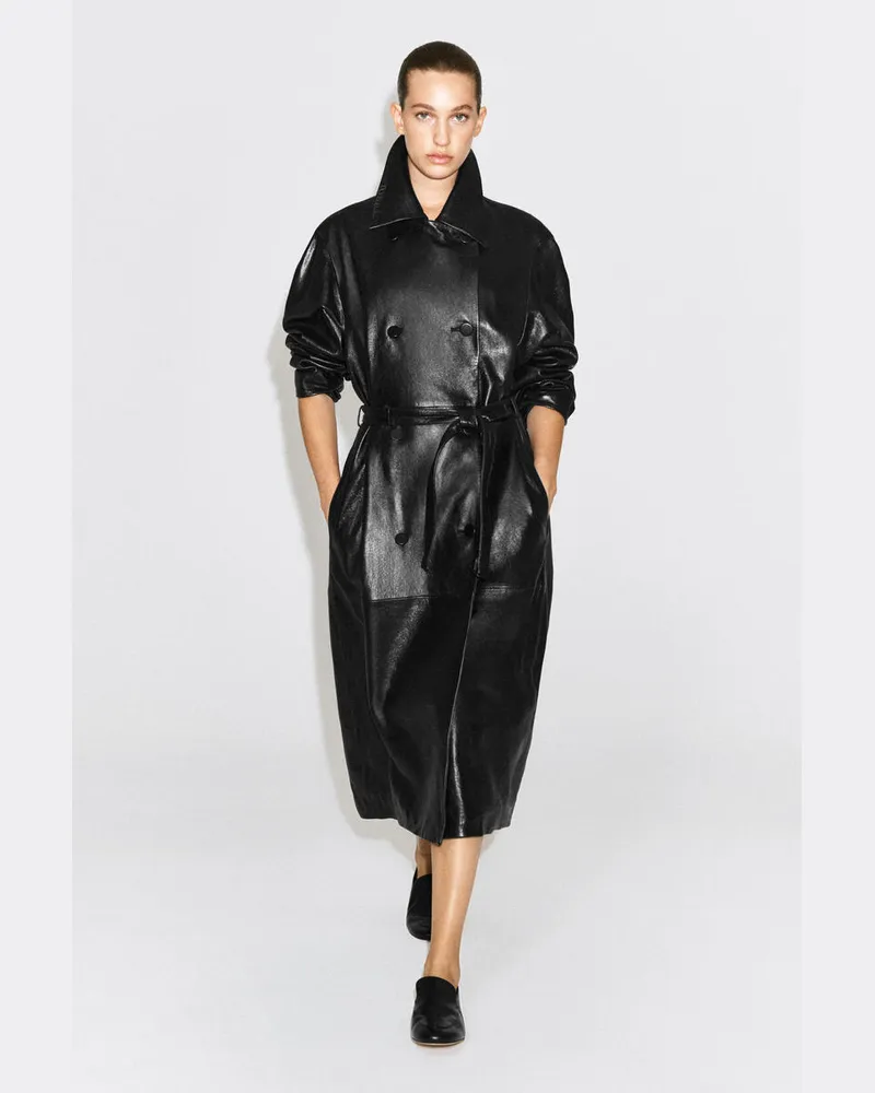 COS Langer Oversized-Ledermantel Mit Gürtel Schwarz