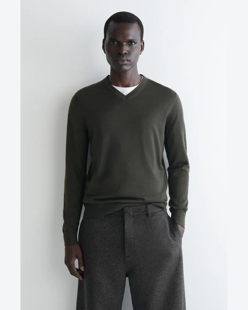 COS Schmaler Pullover Aus Merinowolle Mit V-Ausschnitt Grün