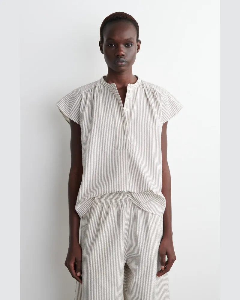 COS Gestreifte Bluse Aus Seersucker Mit Weiten Ärmeln Weiß