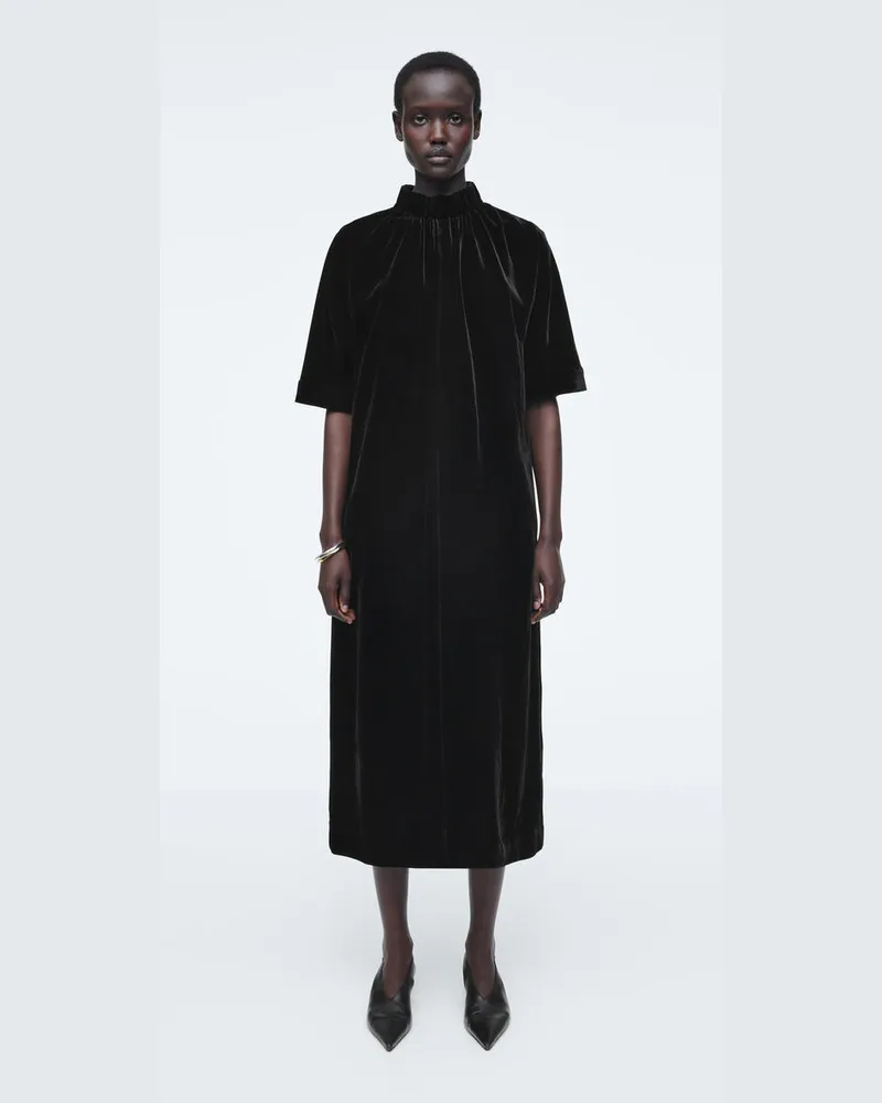 COS Samt-Midikleid Aus Seiden-Mix Mit Raffungen Schwarz