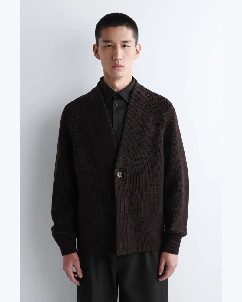 COS Gerippte Wollstrickjacke Mit V-Ausschnitt Braun