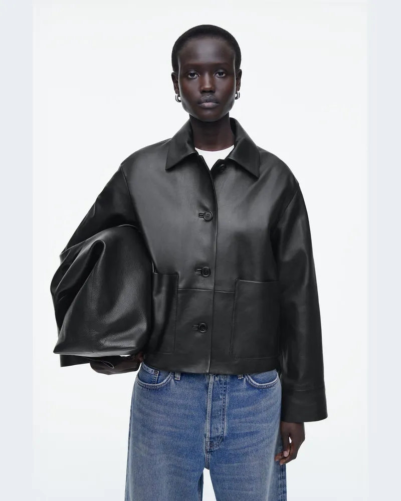 COS Kastenförmige Lederjacke Mit Kragen Schwarz