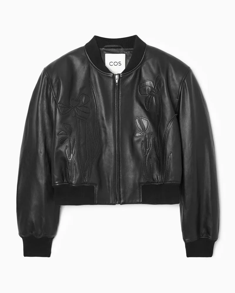 COS Oversized-Bomberjacke Aus Leder Mit Applikationen Schwarz
