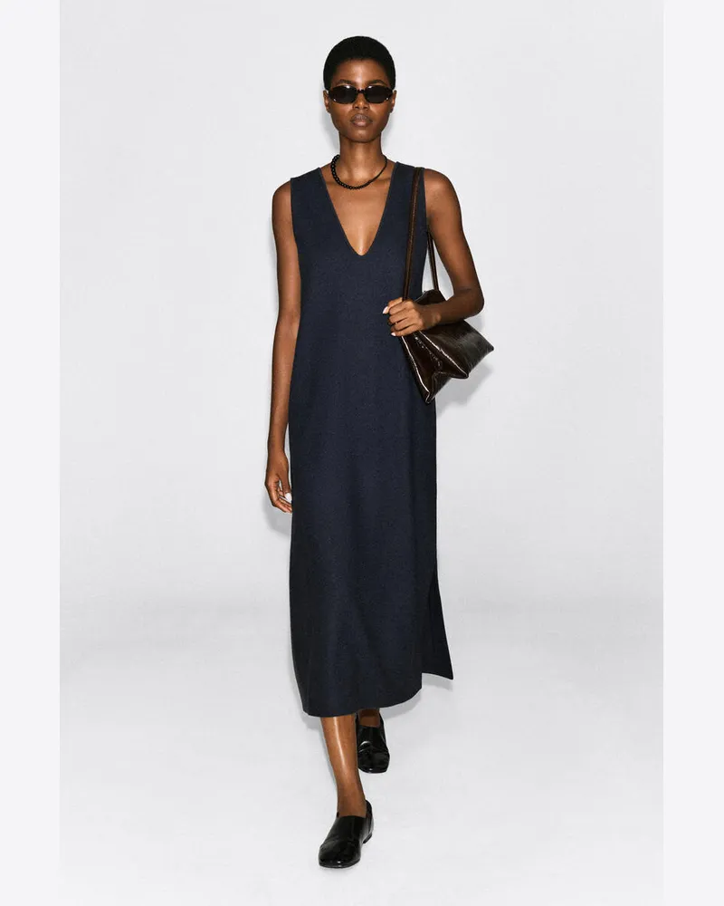 COS Midikleid Aus Gekochtem Woll-Mix Mit V-Ausschnitt Blau