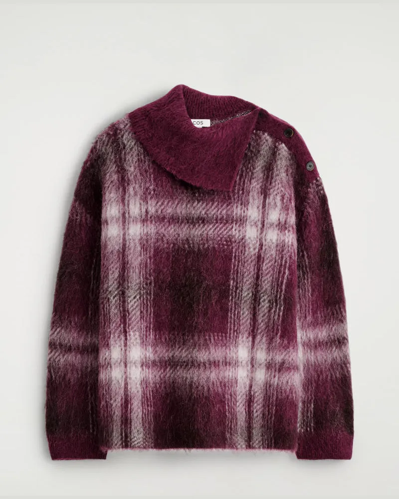 COS Karierter Pullover Aus Alpaka-Mix Mit Knopf Rot
