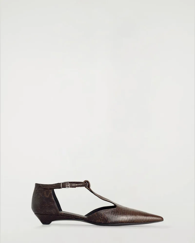 COS Lizard-Effect Leather T-Bar Wedge Heels Braun