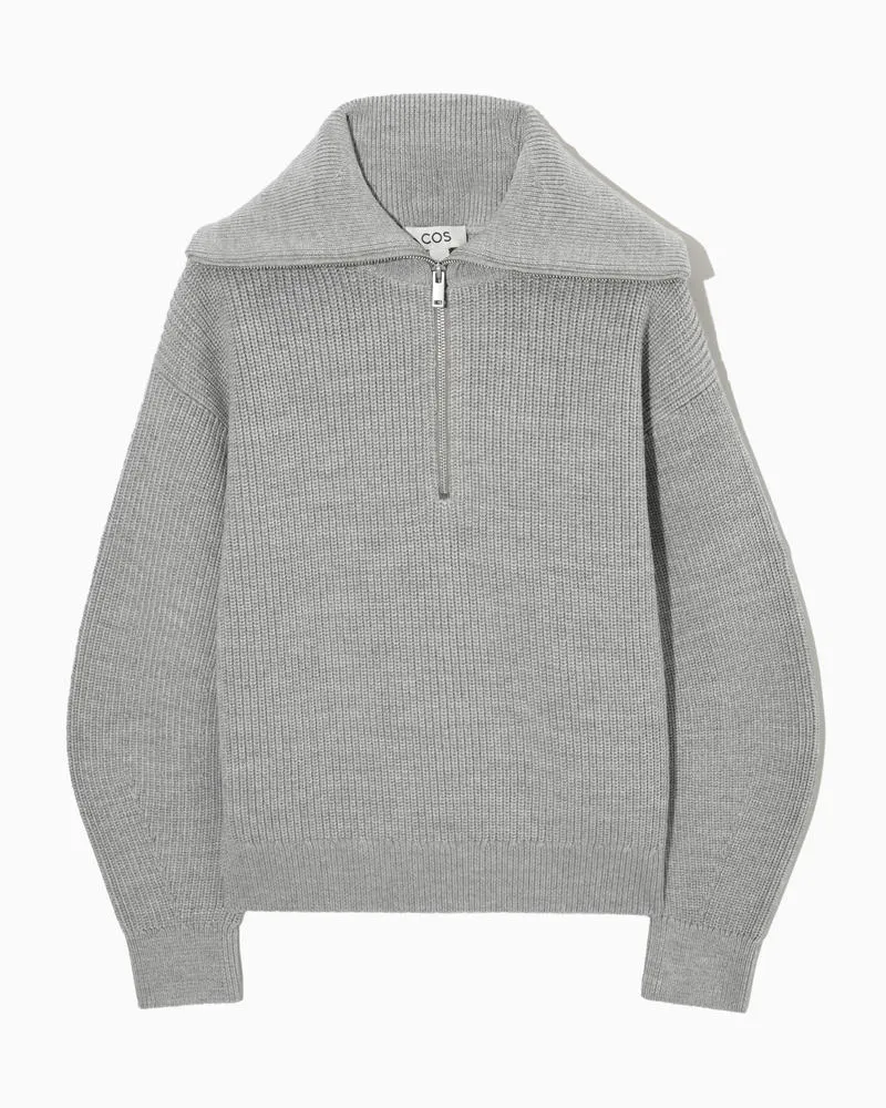 COS Pullover Aus Woll-Baumwoll-Mix Mit Reissverschluss Grau