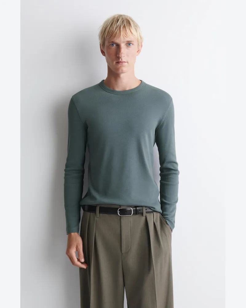 COS Schmales, Geripptes Langarmshirt Aus Baumwolle Türkis