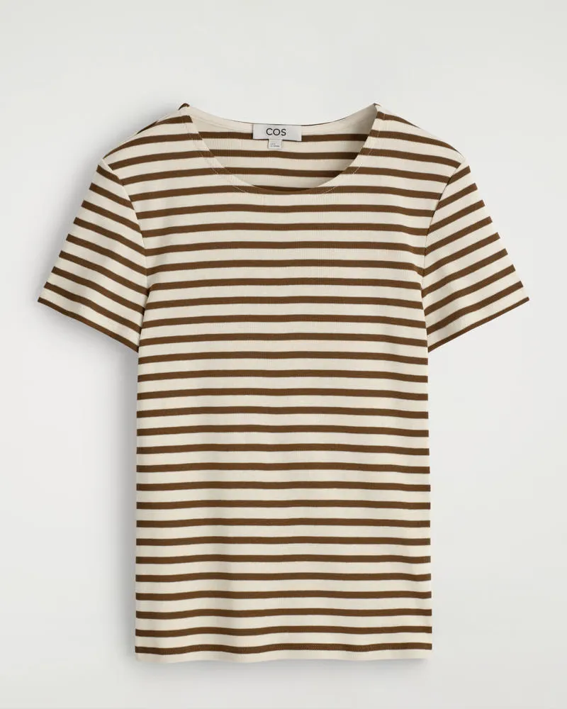 COS Schmales Geripptes T-Shirt Weiß