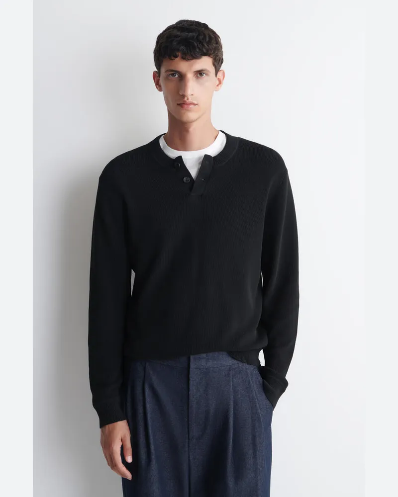 COS Gestrickter Henley-Pullover Aus Baumwolle Schwarz