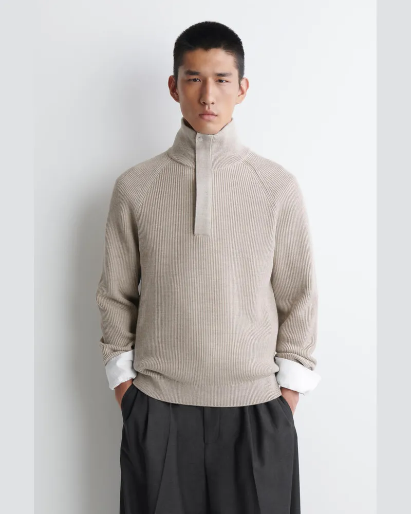 COS Gerippter Wollpullover Mit Kurzem Reissverschluss Beige