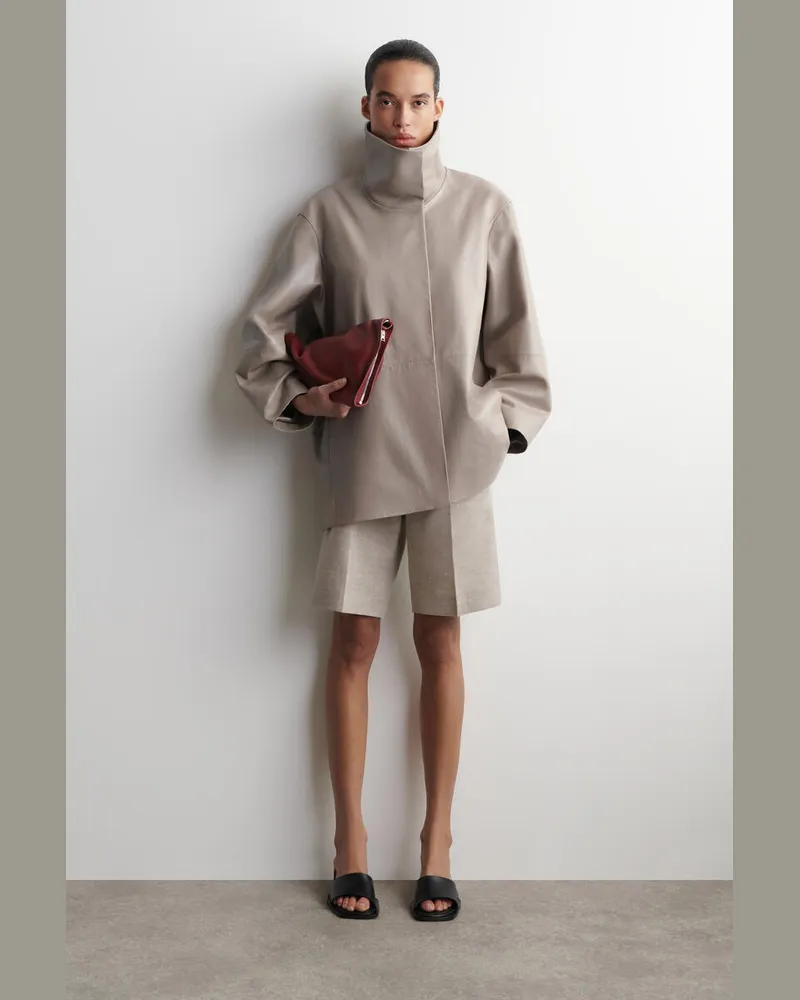 COS Oversized-Lederbomberjacke Mit Stehkragen Beige