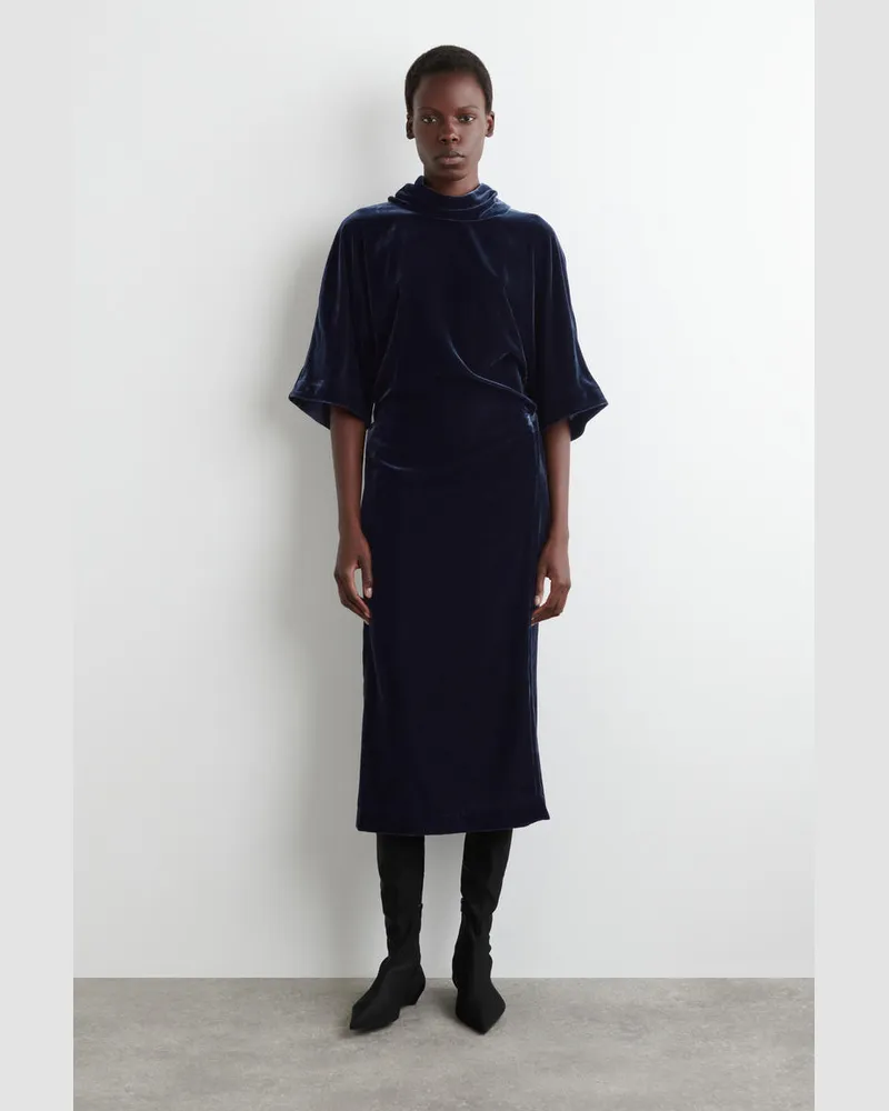 COS Midikleid Aus Samt Mit V-Ausschnitt Blau