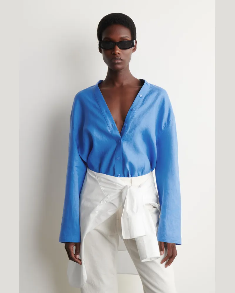 COS Hemd Mit V-Ausschnitt Aus Leinen Mit Knopfdetail Blau