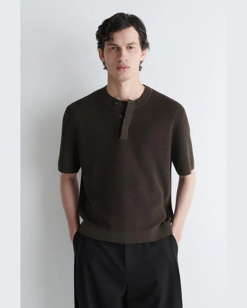 COS Gestricktes Henley-T-Shirt Aus Leinen Braun