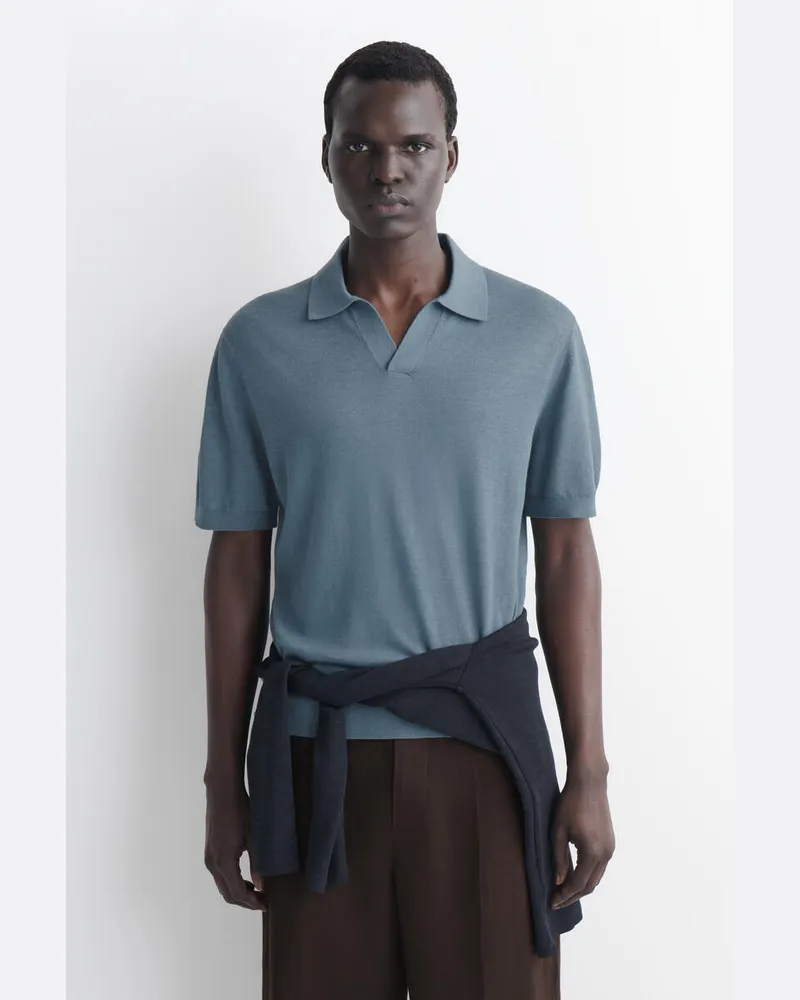 COS Gestricktes Poloshirt Aus Leinen Blau