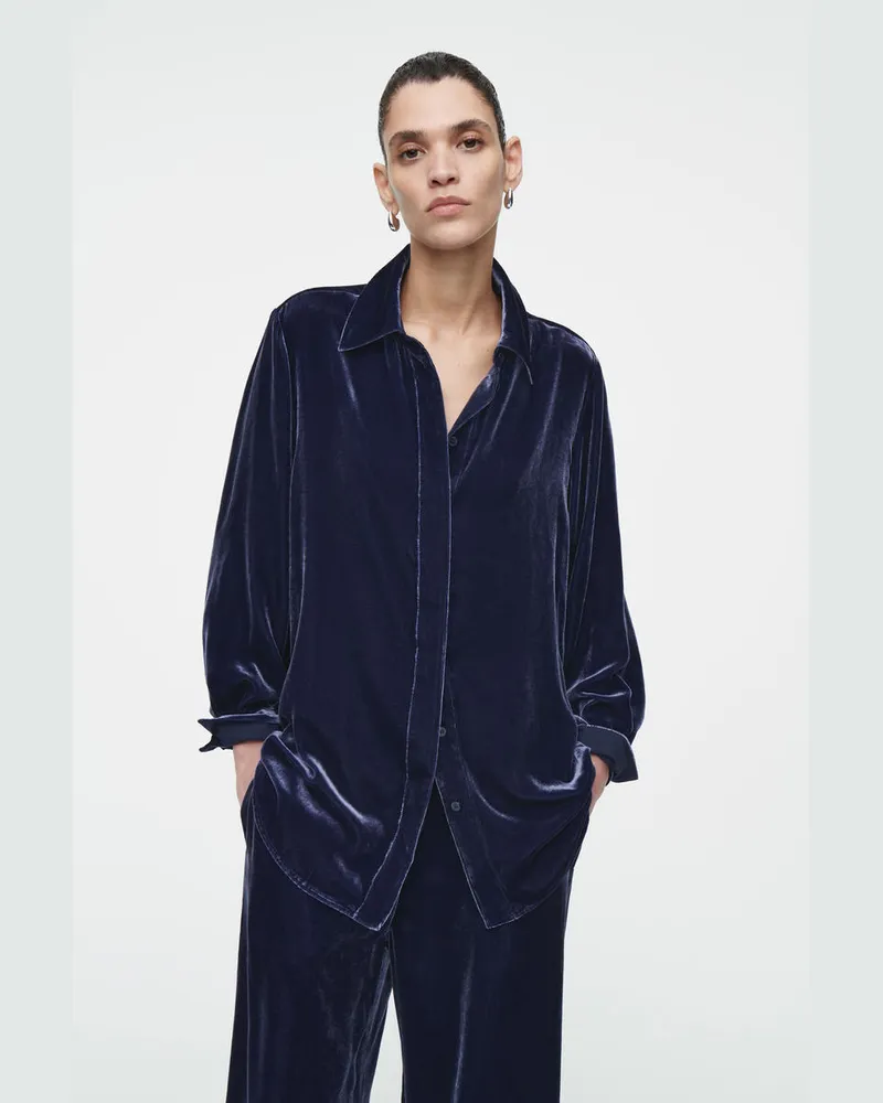 COS Lockeres Samt-Hemd Aus Seiden-Mix Blau