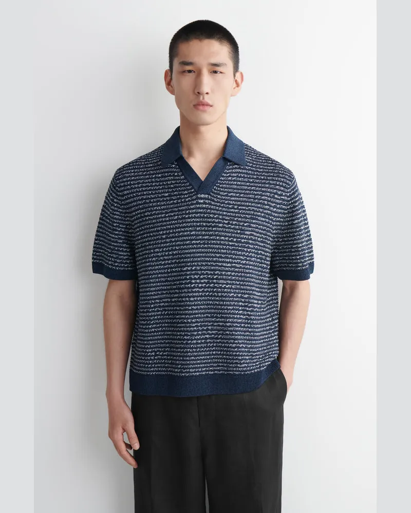 COS Gestreiftes Poloshirt Mit Lochstrickmuster Blau