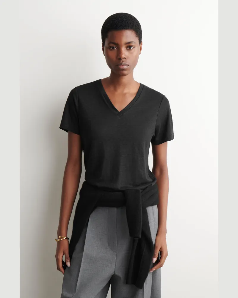 COS T-Shirt Aus Leinen Mit V-Ausschnitt Schwarz