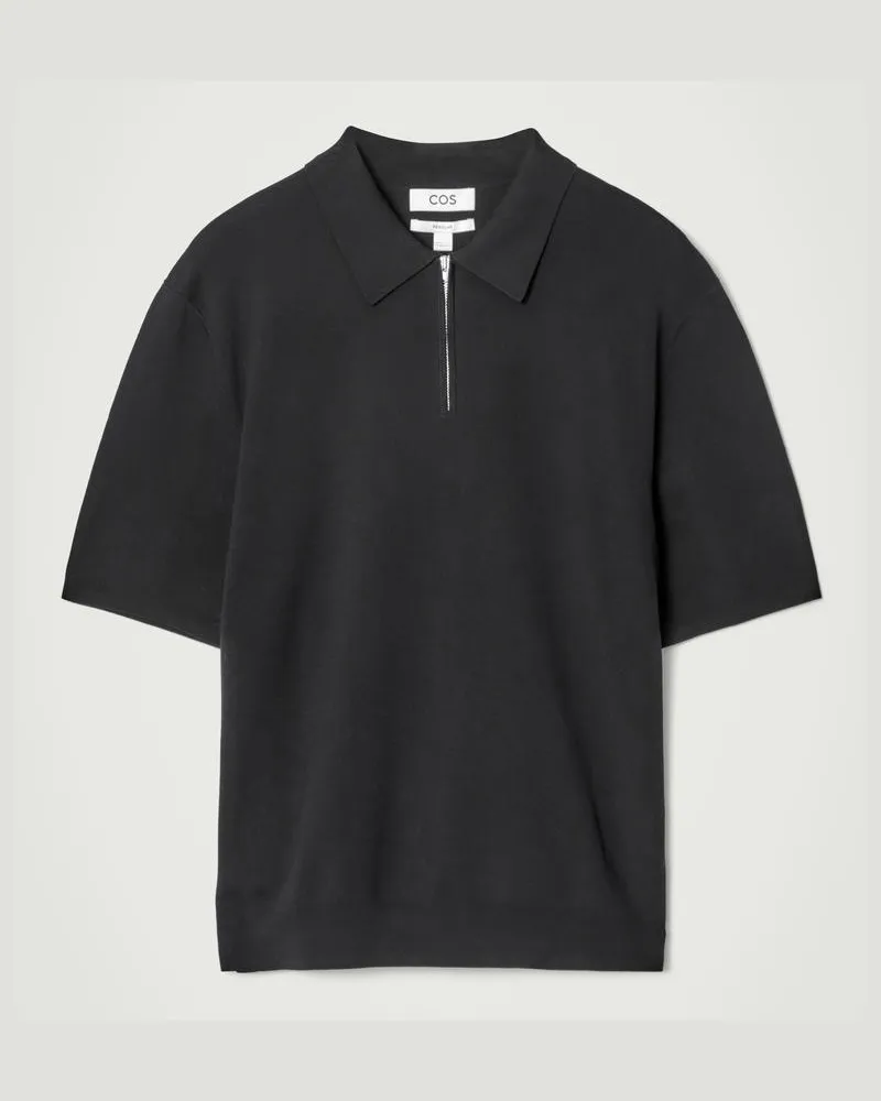 COS Gestricktes Poloshirt Mit Kurzem Reissverschluss Schwarz